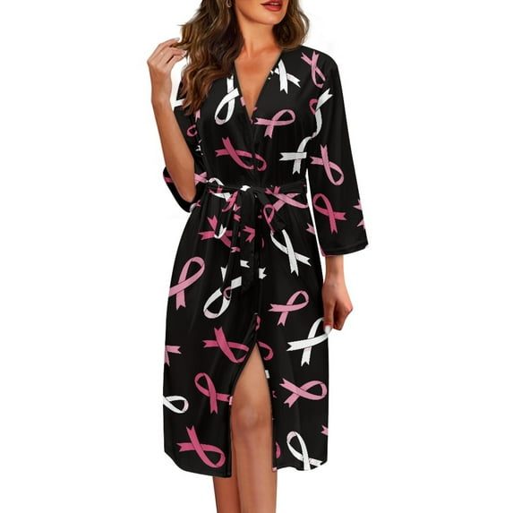 Yuyamidu Pink Ribbon Bathrobe Women Towel Robe with Waist Belt Comfortable Mid-Calf Length Robes Size M Female Sleepwear Ladies Loungewear Long Elegant Night Robes, Breast Cancer Awareness