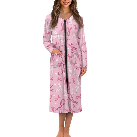 Yuyamidu Pink Ribbon Long Bathrobe for Women Breast Cancer Awareness Zipper Front Robe Sleepwear Comfy Zippered Robes Size 2XL Pink Housecoat Ladies Long Sleeve Loungewear Dress