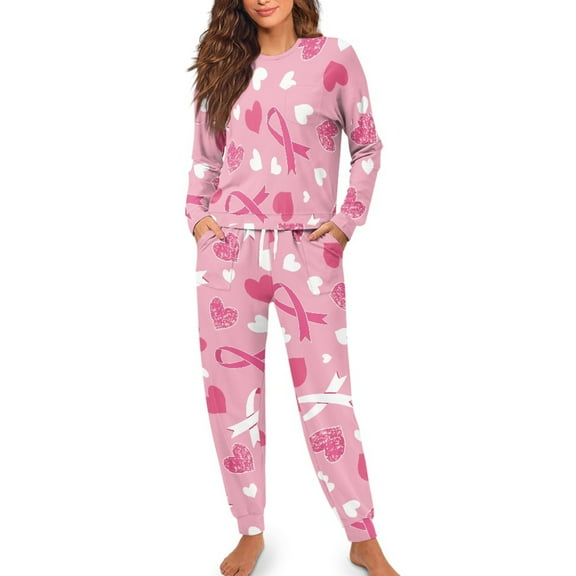 Yuyamidu Pink Ribbon Long Sleeve Pajama Pants Set for Women 2 Pcs Heart Loungewear for Sleep Jogger Comfy Sleepwear Size S Daily Wear Clothes for Fall Winter, Breast Cancer Awareness