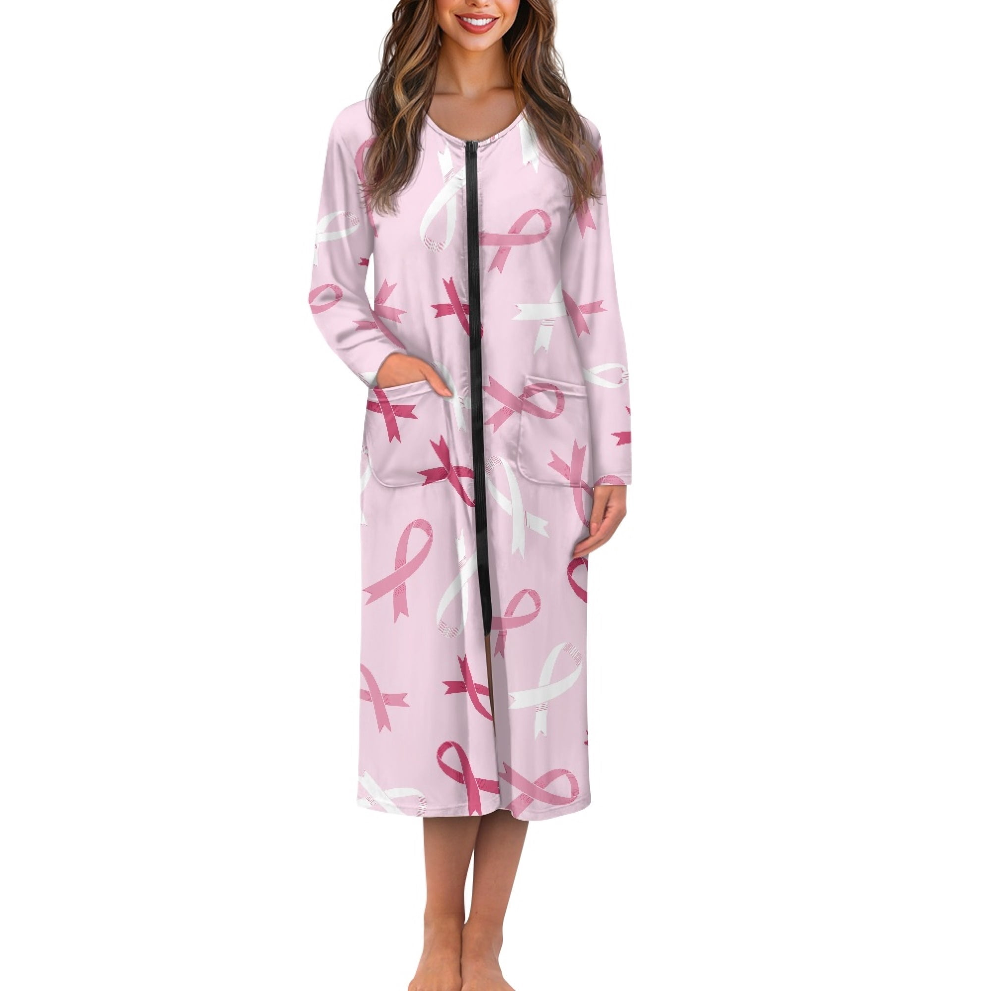 Pink Ribbon Zipper Front Robes for Women Long Sleeve Bathrobe Breast Cancer Awareness Long House Coats Comfy Crewneck Pajama Sleepwear Size 4XL