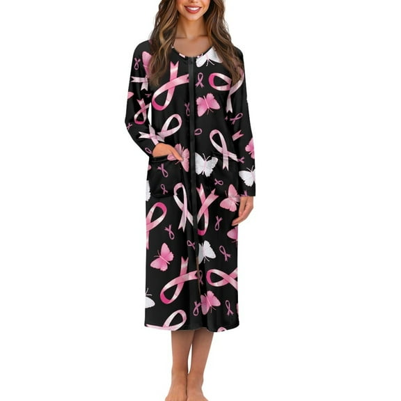 Yuyamidu Pink Ribbon Zipper Robes for Women Plus Size 4XL Butterfly Long Sleeve Bathrobe Sleepwear Ladies Lounge Dresses Soft Nightgown Loungewear, Breast Cancer Awareness