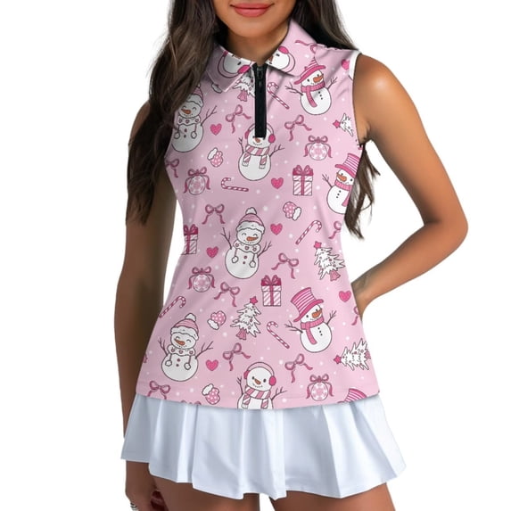 Yuyamidu Pink Snowman Womens Sleeveless Golf Shirts Christmas Zipper Collared Athletic Golf T Shirt Tennis Activewear Size XS