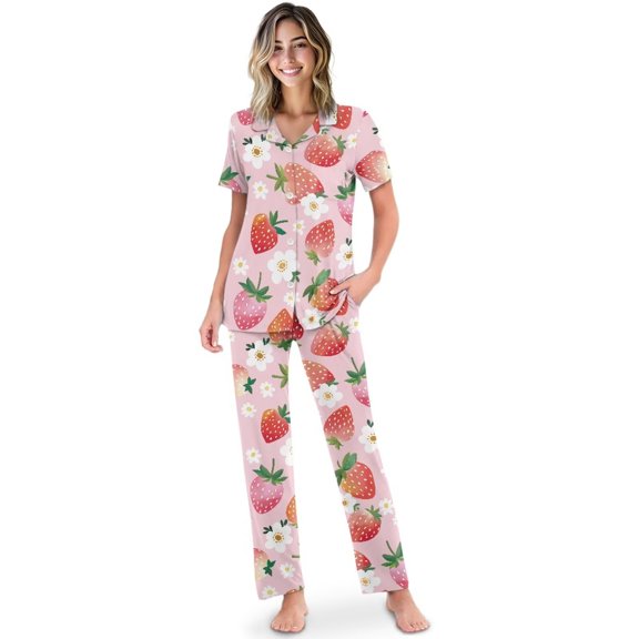 Yuyamidu Pink Strawberry 2 Piece Pajama Set for Women Button Down Shirt Short Sleeve with Pants Relaxed Sleepwear Soft Loungewear