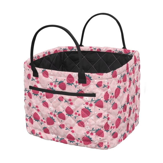 Yuyamidu Pink Strawberry Fabric Storage Basket Large Capacity Quilted Storage Basket with Side Pockets Large Collapsible Nursery Organizer Bin for Nursery Bedroom Living Room