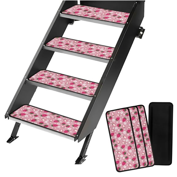 Yuyamidu Pink Strawberry RV Step Covers RV Accessories for Inside Flower RV Step Rugs 4 Pack RV Stair Covers Non-Slip RV Stair Carpet for Travel Trailers, Camper