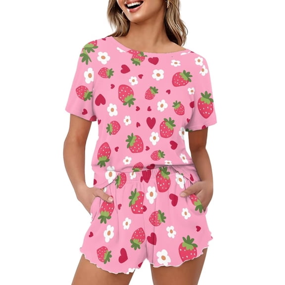 Yuyamidu Pink Strawberry Women's Pajama Set Short Sleeve Round Neck Top & Elastic Waist Shorts Cute Sleepwear Two-Piece for Women, Machine Washable