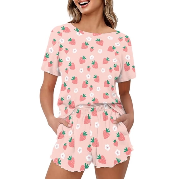 Yuyamidu Pink Strawberry Womens Pajamas Set Matching Summer Sleepwear Pullover Pj Set Cozy Nightwear Short Sleeve Top and Shorts 2 Piece Pink
