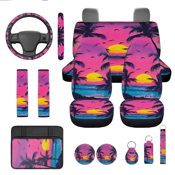 Yuyamidu Pink Sunset Car Seat Cover Full Set of 13 Seaside Steering Wheel Cover Seatbelt Pads Car Armrest Cushion Coasters Key Chain Auto Interior Sets