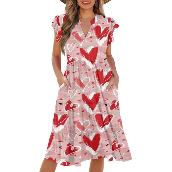 Yuyamidu Pink Valentines Dress for Women Dress V Neck Tiered Ruffle Sleeve Midi A Line Dresses with Pockets Summer Beach Hawaiian Flowy Swing Dresses Plus Size, Size L
