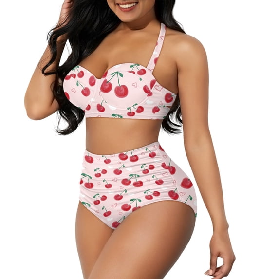 Yuyamidu Pink Women Bikini Swimsuit Set Quick-Dry Halter Swimsuits, Cherry Ruched Tie Knot Bikini Set of 2 Surfing/Swimming Tummy Control Beachwear Bathing Suit Size M