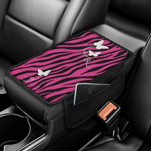 Yuyamidu Pink Zebra Stripe Car Armrest Cover Cushion Pad Accessories Butterfly Auto Center Console Cover Pad Stylish Car Center Console Armrest Cover Fit for Most Vehicles