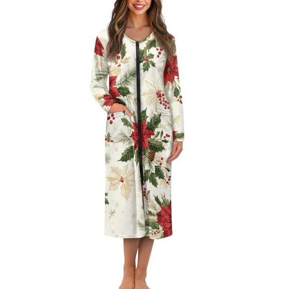 Yuyamidu Poinsettia Bathrobe Sleepwear for Women Christmas Long Sleeve Robe with Zipper Lightweight Long Robes Loose Mid-Calf Length Nightgowns Xmas Crewneck Dressing Gown Plus Size 3XL