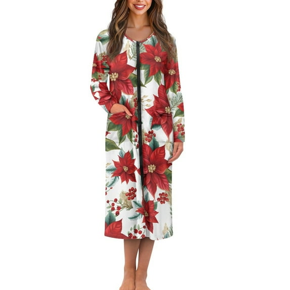 Yuyamidu Poinsettia Bathrobe for Women Towel Robe with Front Zipper Christmas Mid-Calf Length Robes Size 3XL Xmas Sleepwear Ladies Long Elegant Night Robes