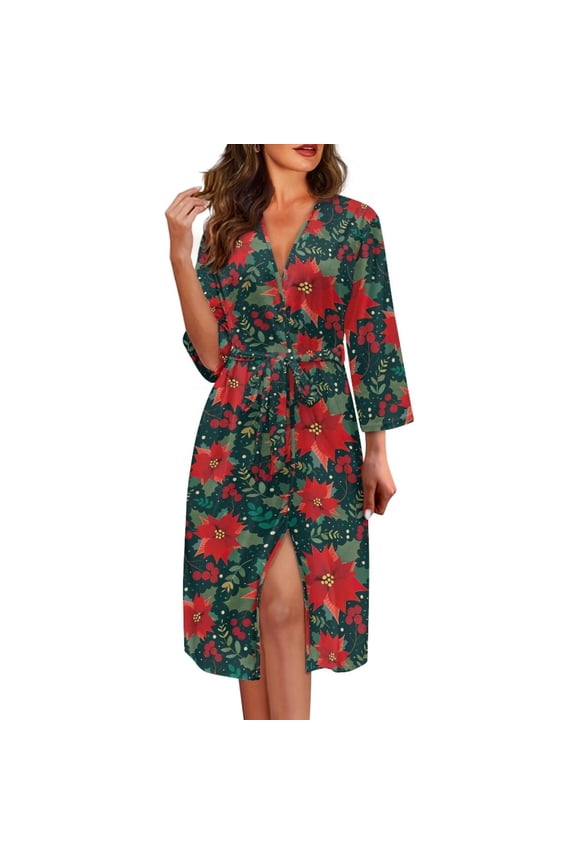 Poinsettia Long Bath Robe Soft Robes Nightgowns for Women Size S Trendy Spa Bathrobes Nightgown Ladies Pajamas Sleepwear Christmas Casual Housecoat