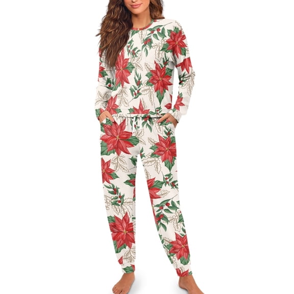Yuyamidu Poinsettia Nightwear for Women Christmas Sleepwear Pajama Set Size 2XL Lightweight Long Sleeve Home Wear Set of 2 Christmas Nightclothes Top and Pants