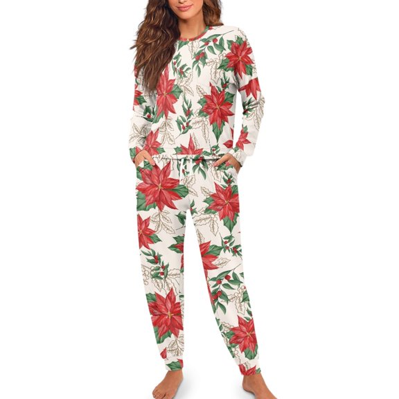 Yuyamidu Poinsettia Nightwear for Women Christmas Sleepwear Pajama Set Size M Lightweight Long Sleeve Home Wear Set of 2 Christmas Nightclothes Top and Pants