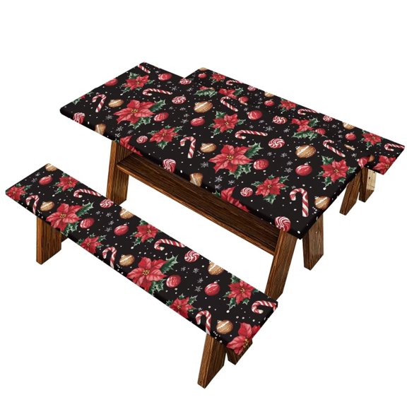 Yuyamidu Poinsettia Picnic Table Cover with Bench Covers 3 Piece Set Easy to Install Outdoor Tablecloth with Elastic Edge Non Slip Camping Table Cover Christmas Decoration