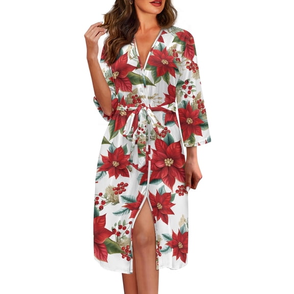 Yuyamidu Poinsettia Robe for Women Sexy Long Sleeve Gowns Sleepwear Size XL Red Spa Robes Christmas Pajamas Loungewear Lightweight V-Neck Bathrobe for Sleeping