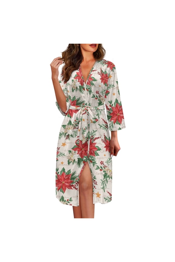 Poinsettia Robes for Women Plus Size 2XL Christmas Long Sleeves Bathrobe Sleepwear Women's Robe Lightweight Long Nightgown Loose Dressing Gown Robe