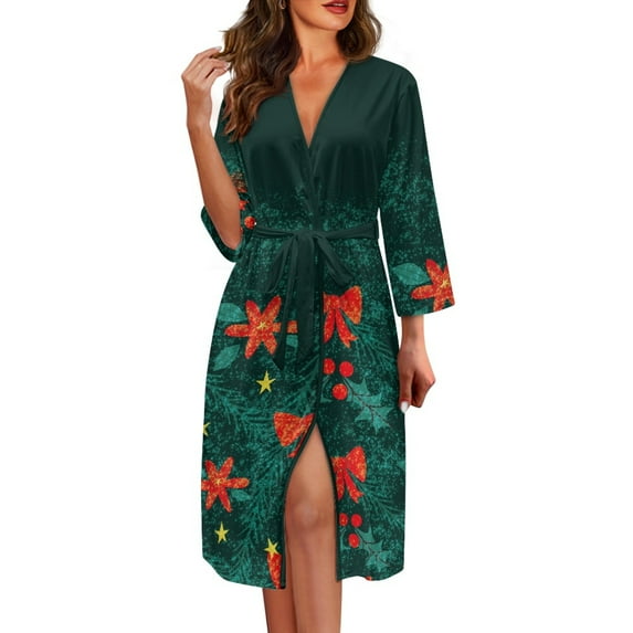 Yuyamidu Poinsettia Robes for Women Plus Size M Christmas Long Sleeves Bathrobe Sleepwear Green Kimono Dress Women's Robe Lightweight Long Nightgown Comfy Dressing Gown Robe