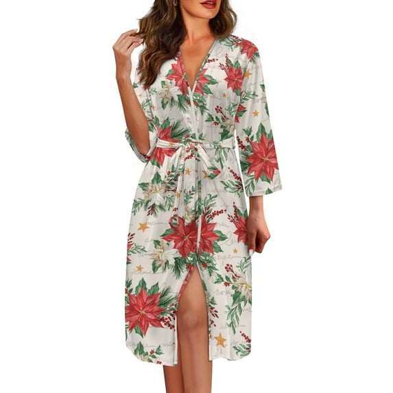 Yuyamidu Poinsettia Robes for Women Plus Size XL Christmas Long Sleeves Bathrobe Sleepwear Women's Robe Lightweight Long Nightgown Loose Dressing Gown Robe