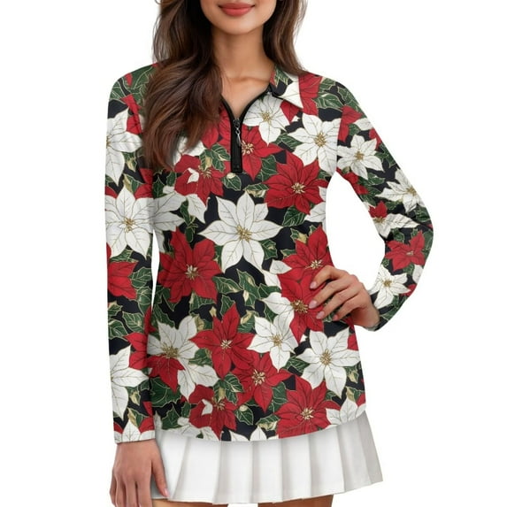 Yuyamidu Poinsettia Tennis Tops for Women Long Sleeve Golf Shirts Breathable Athletic Shirt Slim Fit Christmas Activewear Size XS