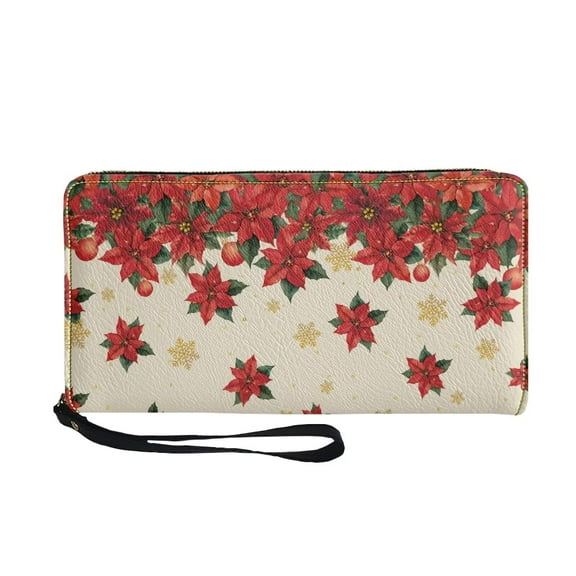 Yuyamidu Poinsettia Wallets for Women, Christmas PU Leather Cell Phone Credit Card Holder Zipper Clutch Purse with Wristlet for Ladies