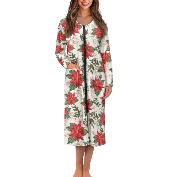 Yuyamidu Poinsettia Women Zip Front Robes Christmas Mid Calf Length Bathrobe Size 2XL Xmas Round Crew Long Sleeve Robe Loose Long Elegant Night Robes with Pockets