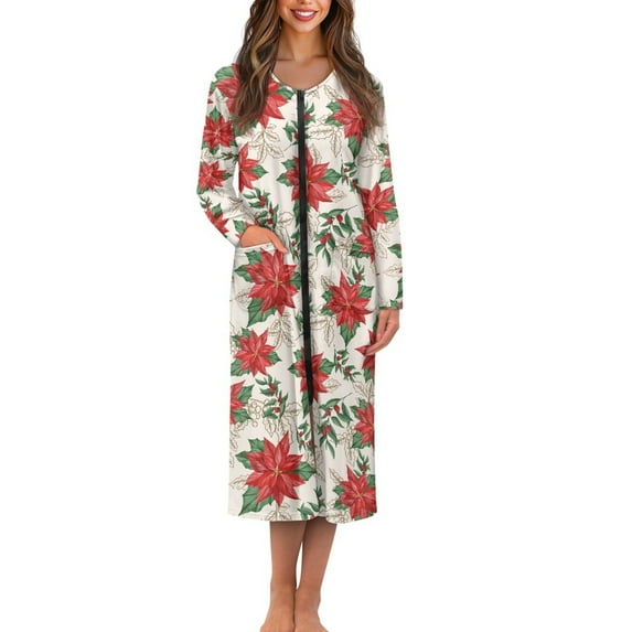 Yuyamidu Poinsettia Women Zip Front Robes Christmas Mid Calf Length Bathrobe Size 2XL Xmas Round Crew Long Sleeve Robe Loose Long Elegant Night Robes with Pockets