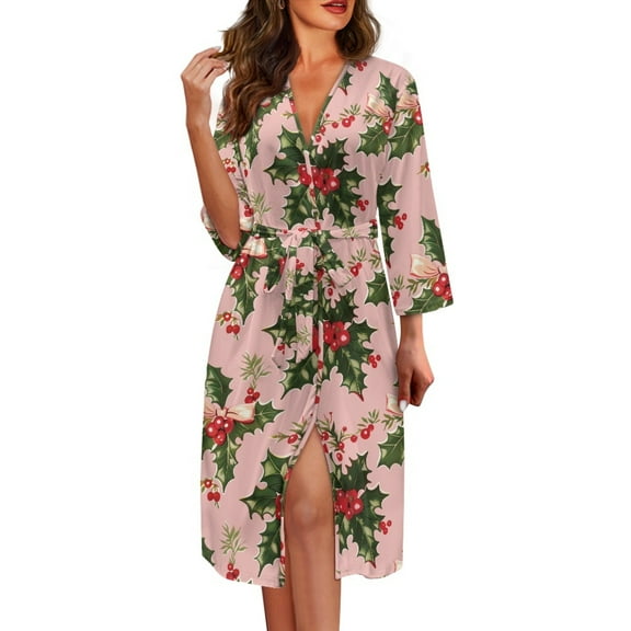 Yuyamidu Poinsettia Women's Long Robes Christmas V-Neck Bathrobes Pink Long Sleeve Robe Size 2XL Ladies Sleepwear Nightgown Pink Dressing Gown with Waist Belt