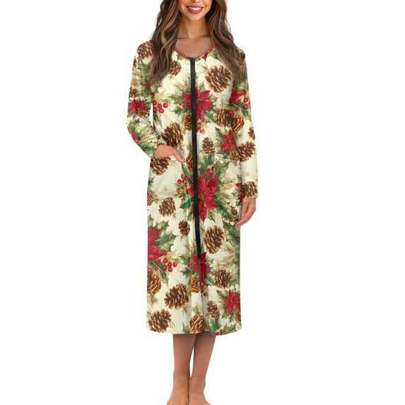 Yuyamidu Poinsettia Women's Long Robes with Front Zipper Casual Crewneck Bathrobes Christmas Robes Zippered Housecoat Size XL, Comfy Long Sleeve Sleepwear Nightgown