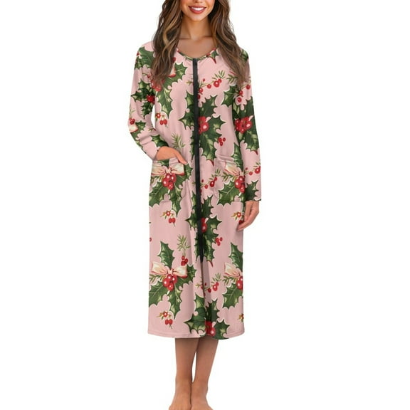 Yuyamidu Poinsettia Womens Bathrobe Zipper Front Long Sleeve Robe Christmas Long Night Gowns for Women Xmas Sleepwear Pink Bathrobes Loose Dresses, Robe, Gowns Size L