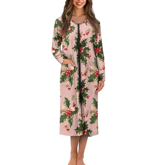 Yuyamidu Poinsettia Womens Bathrobe Zipper Front Long Sleeve Robe Christmas Long Night Gowns for Women Xmas Sleepwear Pink Bathrobes Loose Dresses, Robe, Gowns Size 2XL