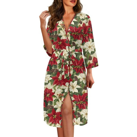 Yuyamidu Poinsettia Womens Robes Lightweight Long Nightgown Christmas Bathrobe for Women Sexy Long Sleeves Sleepwear Pajamas Size M Soft Dressing Gown Robe