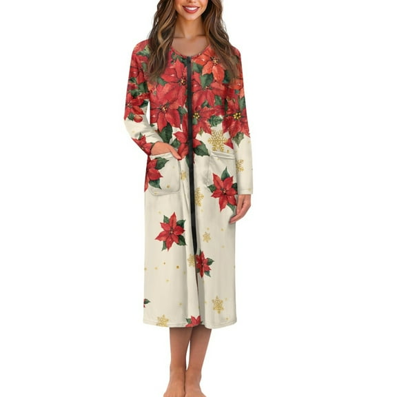 Yuyamidu Poinsettia Womens Robes with Zipper ChristmasCasual Long Sleeve Bathrobe with Front Zipper Soft Round Neck Gowns for Ladies Sleepwear Housecoat Ladies Pajama Nightgown Size S