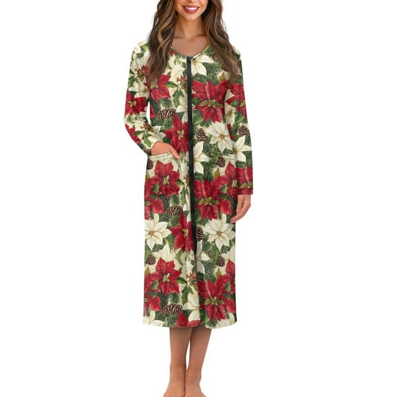 Yuyamidu Poinsettia Zipper Front Robes for Women Lightweight Zipper Bathrobe Christmas Long Sleeve Gowns Xmas Sleepwear Loose Dresses, Robe, Gowns Soft Nightgown Housecoat Size L