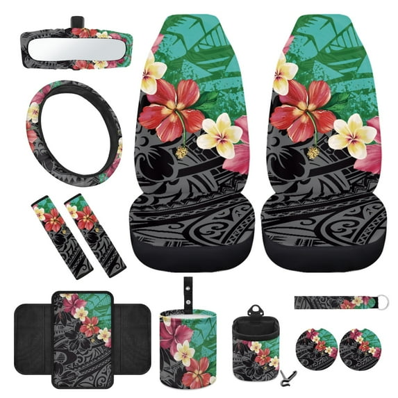 Yuyamidu Polynesia Front Car Seat Covers Full Set of 12 Hibiscus Steering Wheel Cover Seatbelt Pad Armrest Pad Coasters Garbage Bin Rear View Mirror Cover Keychain Air Vent Storage Box