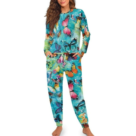Yuyamidu Psychedelic Butterfly Nightwear for Women Sleepwear Pajama Set Size 2XL Fashion Long Sleeve Jogger Set of 2 Blue O-Neck Nightclothes Top & Pants with Drawsting