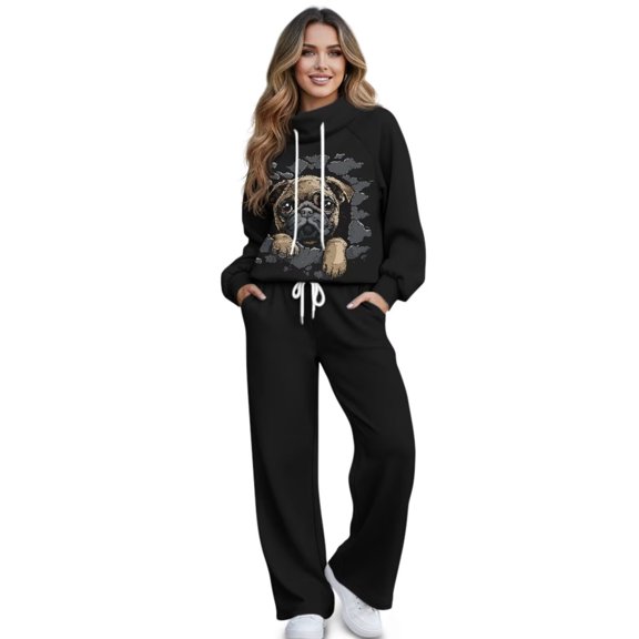 Yuyamidu Pug 2 Piece Outfits Women's Tracksuits Matching Sweatsuit Loungewear Lounge Sets Spring Fall Winter Drawstring Pullover Sweatshirt Wide Leg Sweatpants Tops Bottoms Clothing Set
