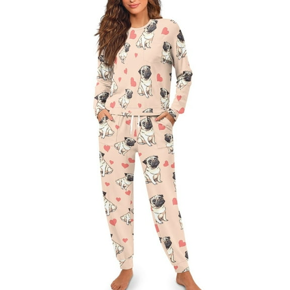 Yuyamidu Pug Pjs for Women Set 2 Pieces Casual Scoop Neck Pajama Tops with Long Sweatpants Size XL Cute Dog Long Sleeve Sleepwear Soft Home Wear Nightwear, Pink