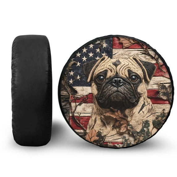 Yuyamidu Pug Tire Covers American Flag Wheel Spare Tire Covers Waterproof Tire Protectors for SUV, Camper Travel, Truck, Trailer Universal Tough Tire Cover