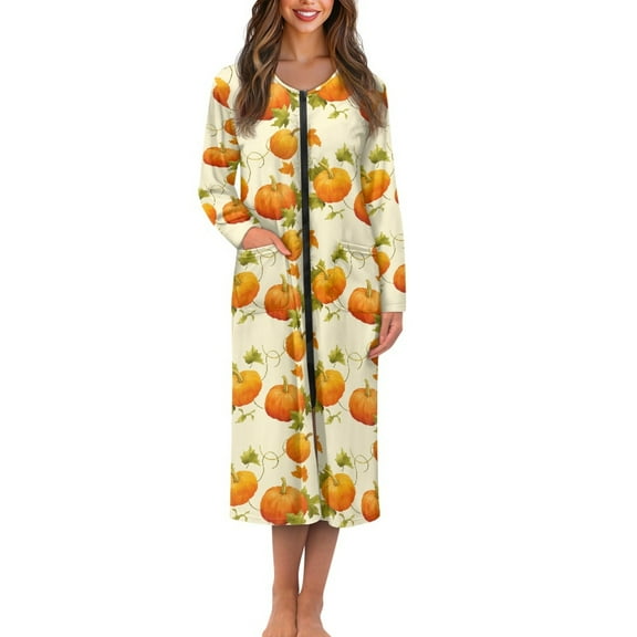 Yuyamidu Pumpkin Bathrobes for Women Zipper Front Sleepwear Fall Crewneck Robe Thanksgiving Long Dressing Gown Plus Size 4XL Breathable Mid-Calf Length Robes with Pockets