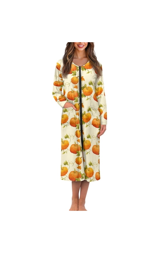 Pumpkin Bathrobes for Women Zipper Front Sleepwear Fall Crewneck Robe Thanksgiving Long Dressing Gown Plus Size 4XL Breathable Mid-Calf Length Robes with Pockets