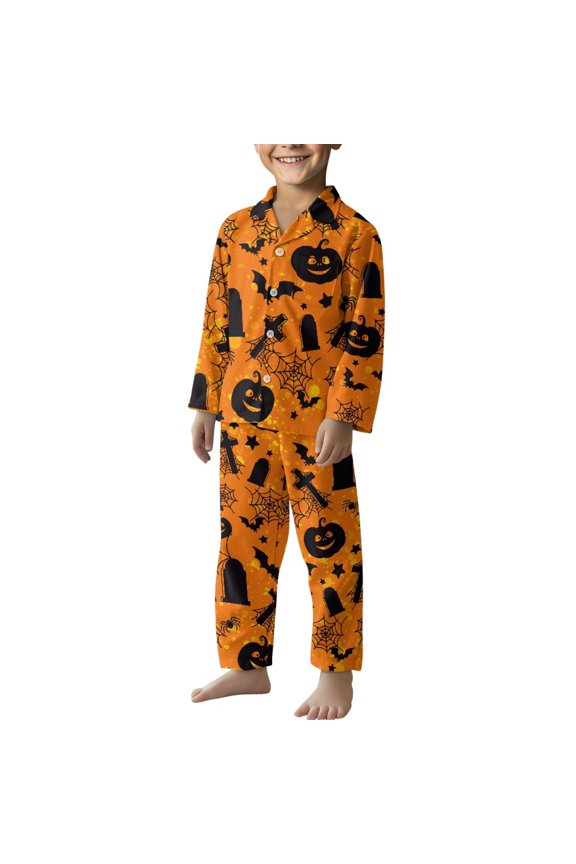 Pumpkin Kids Pjs Sets Long Sleeve Lounge Wear 2 Pieces Bat Button Down Pajama Pants and Top with Pockets Fall Spring Winter Clothing Halloween Sleepwear 7-8 Years, Orange