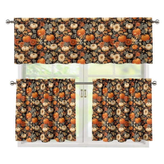 Yuyamidu Pumpkin Kitchen Curtain Valance and Tiers 3 Panel Set Easy to Install Blackout Curtains for Bedroom Replacement Window Treatment Tiers for Living Room Bathroom