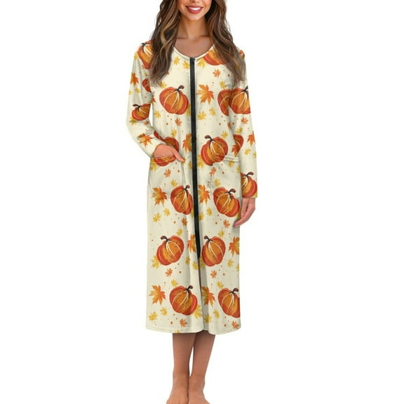 Yuyamidu Pumpkin Long Robes for Women Maple Leaves Mid-Length with Zipper Fall Thanksgiving Crewneck Bathrobe Elegant Sleep Nightgown Breathable Long Sleeve Sleepwear Gowns Size 4XL