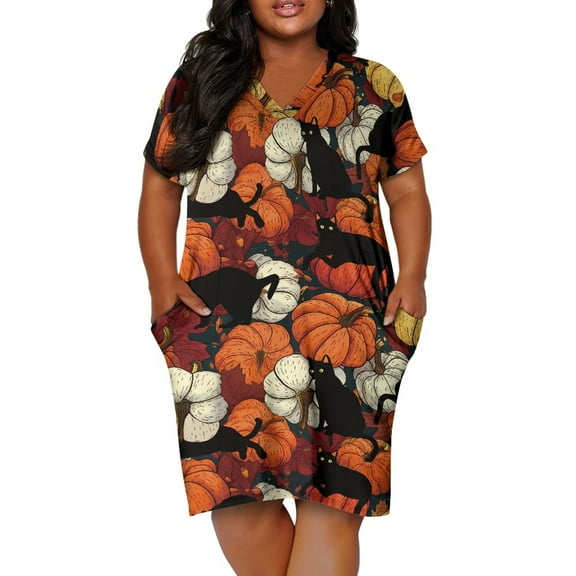 Yuyamidu Pumpkin Short Sleeve Dress Size L Halloween Women Knee Length Midi Dress Black Cat Casual Dress Outdoor Dress for Teen Gilrs Oversized V Neck Dresses