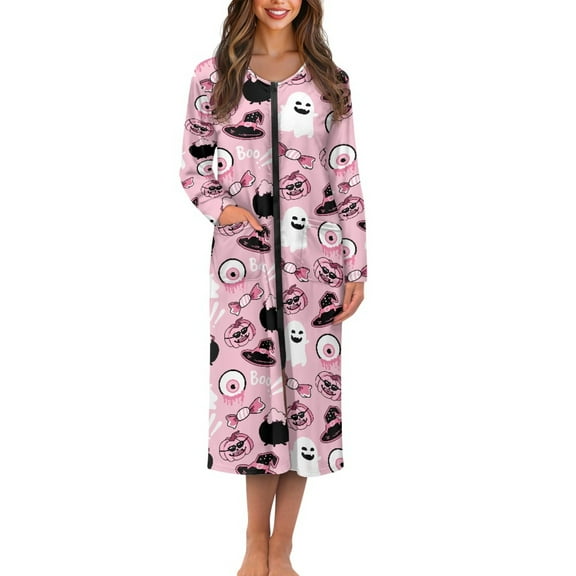 Yuyamidu Pumpkin Women Bath Robes Female Zipper Front Long Sleeves Bathrobe Ghost Housecoat Nightgown Size L Pink Halloween Mid-Length Pjs Sleepdress Ladies Lounge Dresses