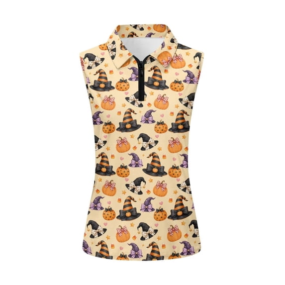 Yuyamidu Pumpkins Women's Sleeveless Golf Shirts with Quarter Zip Collar Stretchy Breathable Fabric, Slim Athletic Fit, Suitable for Golf Tennis Sports, Halloween Themed, Quick Dry Moisture Wicking
