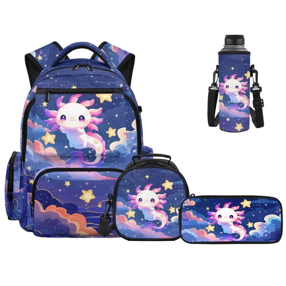 Yuyamidu Purple Axolotl Kids School Backpack Set, 17 Inch 4 Piece Flap Backpack with Lunch Bag, Pencil Case and Water Bottle Holder, Large Capacity Bookbag for Classroom and Campus Use
